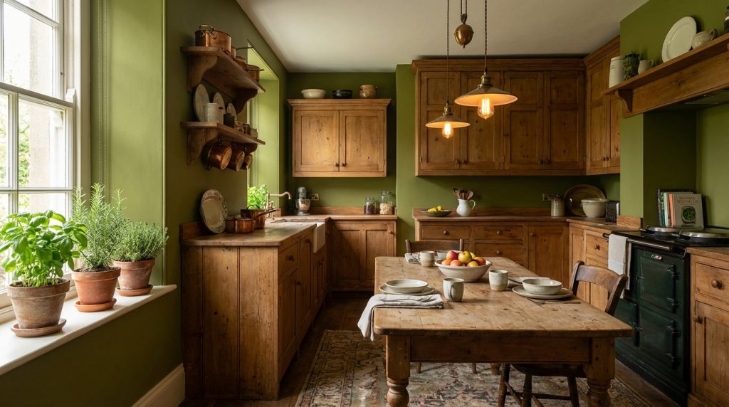 apportez une touche chaleureuse à votre cuisine avec une peinture vert olive, idéale pour créer une ambiance conviviale et naturelle.