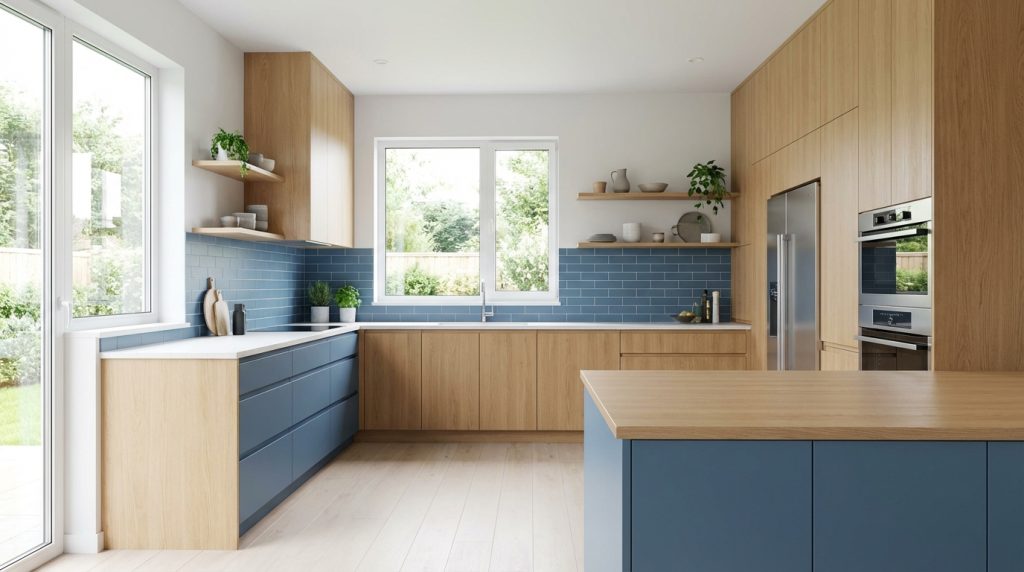 découvrez une cuisine alliant bois naturel et bleu apaisant pour un style moderne et chaleureux, parfait pour créer une ambiance conviviale et élégante.